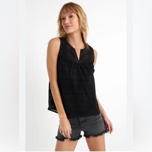 Lucky Brand Lined Eyelet Tank Top Black Lined Small V-neck Sleeveless Blouse